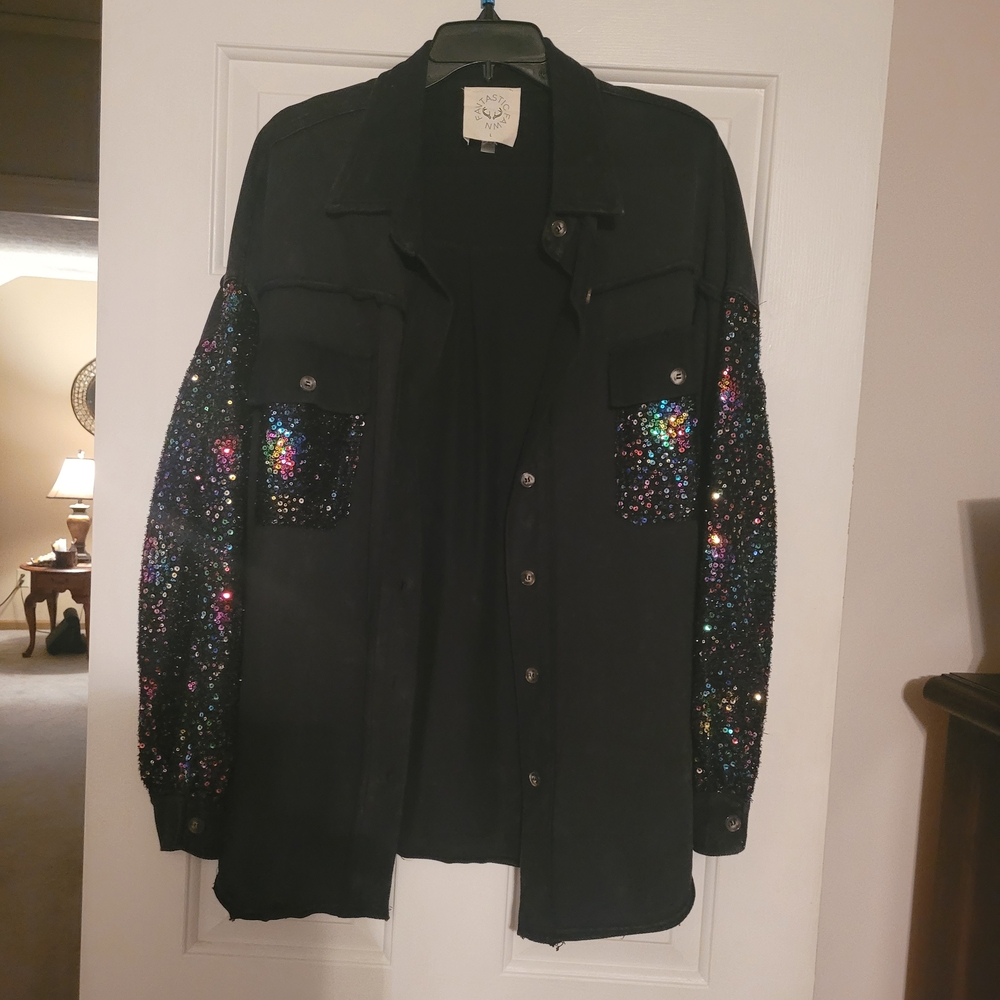 Fantastic Fawn Black Shacket with Sequin Sleeves And Pockets